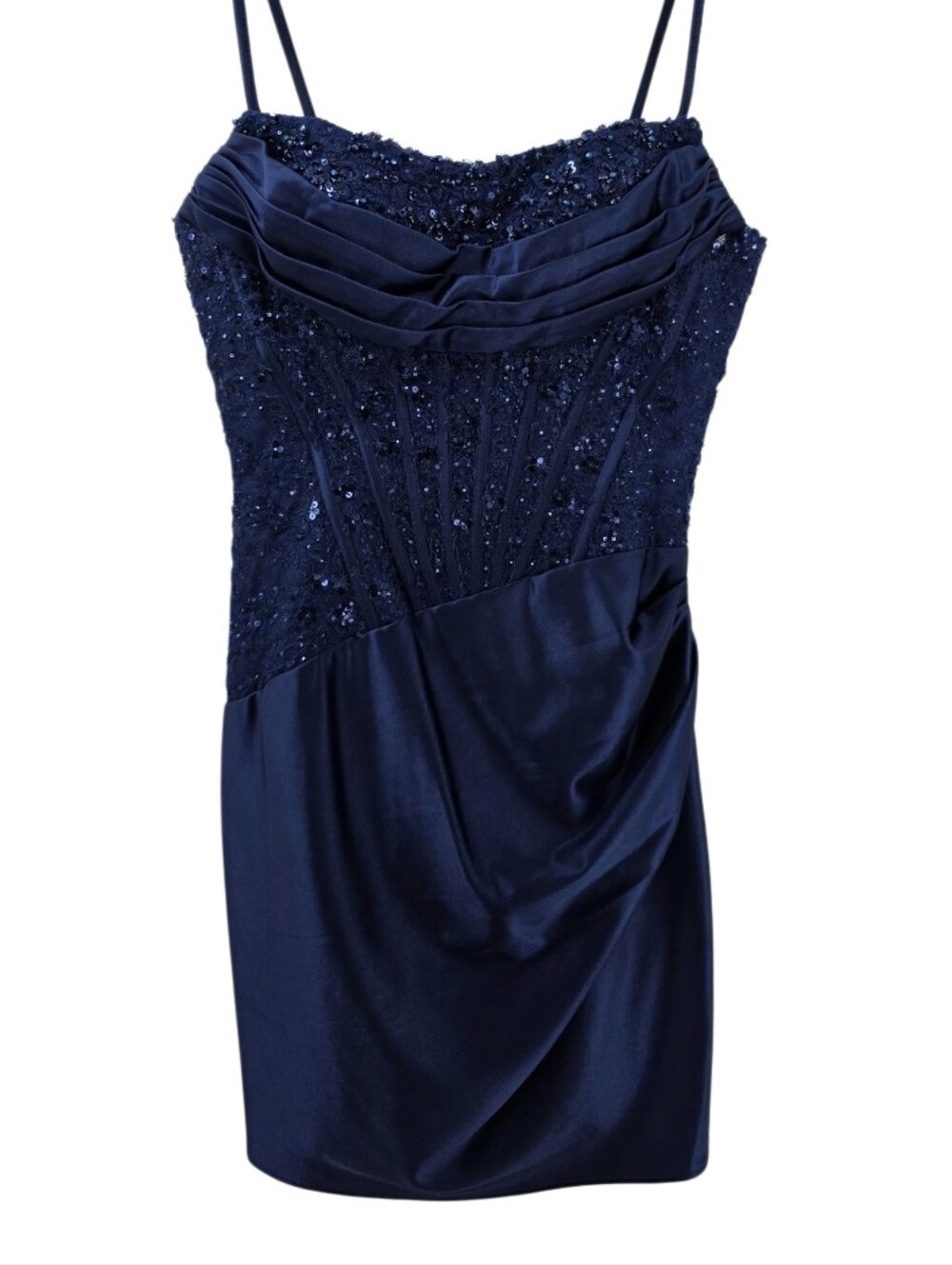 Sherri Hill 57349 Navy Blue Mini Dress Size 4 Strapless Optional Straps Included